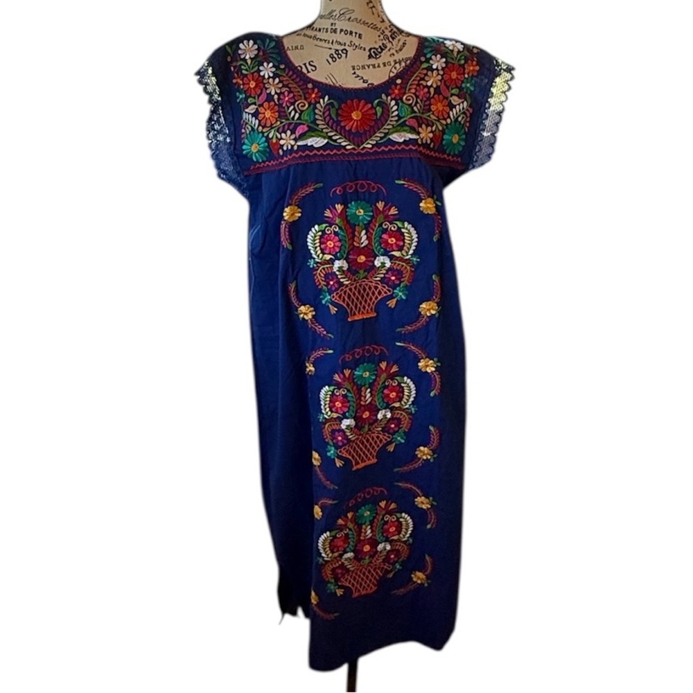 Royal Blue dress, Mexican embroidered dress, floral embroidery, floral dress,